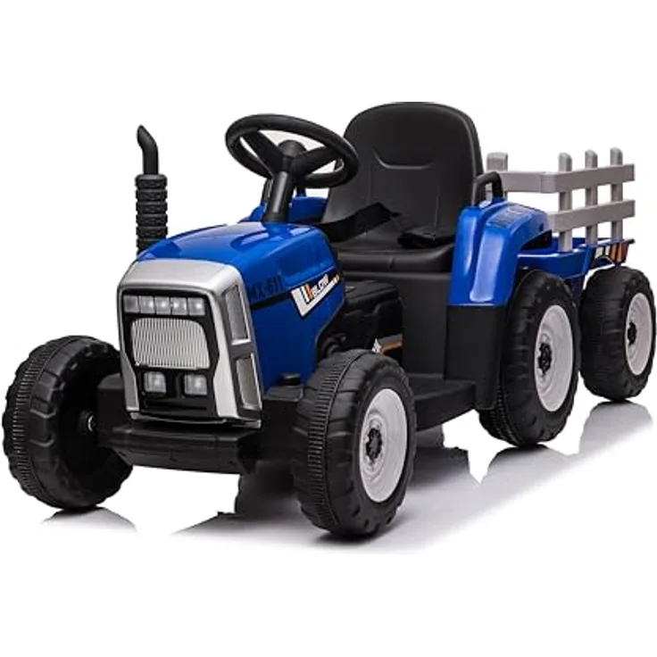 FINOOS Kinder Elektro Traktor 12V mit Schaufel & abnehmbarem Anhänger - Kinder-Elektrofahrzeug mit LED-Licht & Musik & Hupe, 2,4G Fernbedienung, 2-5km/h (Blau)
