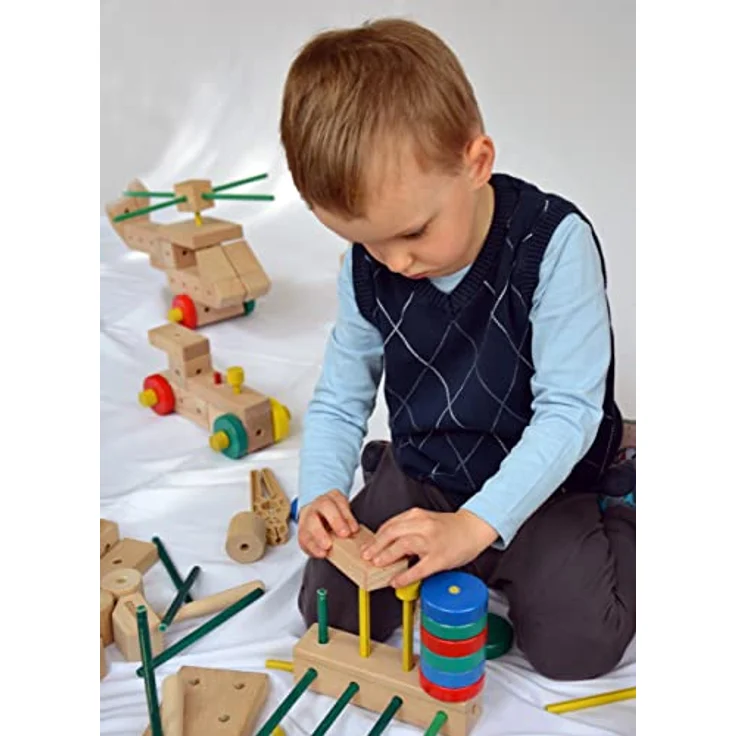 Matador Kinder Baukasten 175-tlg., Holz Konstruktionsspielzeug ab 3 Jahren zur Förderung von Kreativität und Feinmotorik, mit Stäbchen, Klötzen, Hammer & Zange – Bild 3