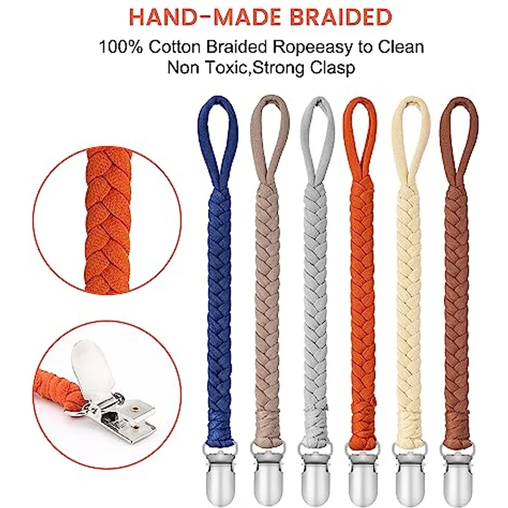 CLDY Schnullerkette Baby, 6 Stück Schnuller Halter Set aus Baumwolle, Unisex Designs für Jungen und Mädchen, Praktisch für Schnuller und Spielzeug, Hygienisch und Sicher – Bild 2