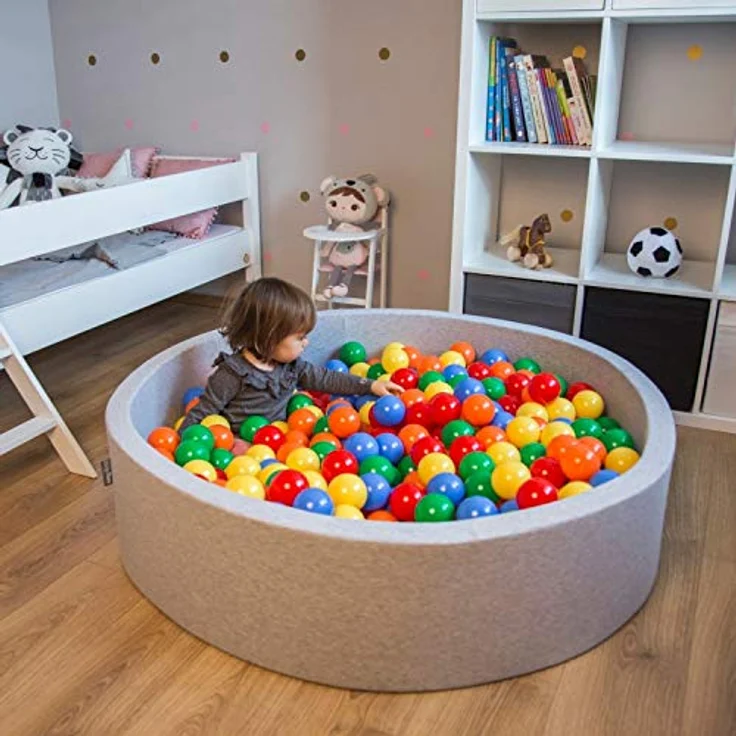 KiddyMoon Bällebad 120X30cm/200 Bälle Rund Groß Bällepool Mit Bunten Bällen Für Babys Kinder, Dunkelgrau:Weiß-Grau-Schwarz-Gold – Bild 10