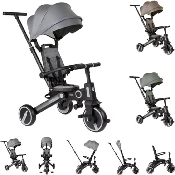 Kikkaboo Tricycle Trix 3 in 1, Dreirad mit Schiebegriff, faltbarem Sonnendach und 360 Grad drehbarem Sitz, grau