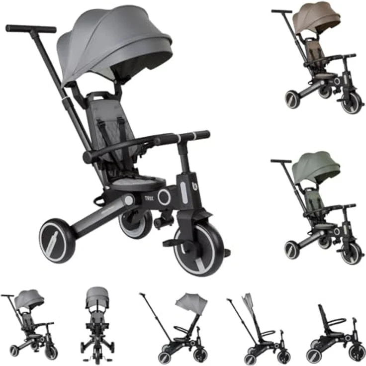 Kikkaboo Tricycle Trix 3 in 1, Dreirad mit Schiebegriff, faltbarem Sonnendach und 360 Grad drehbarem Sitz, grau – Bild 1