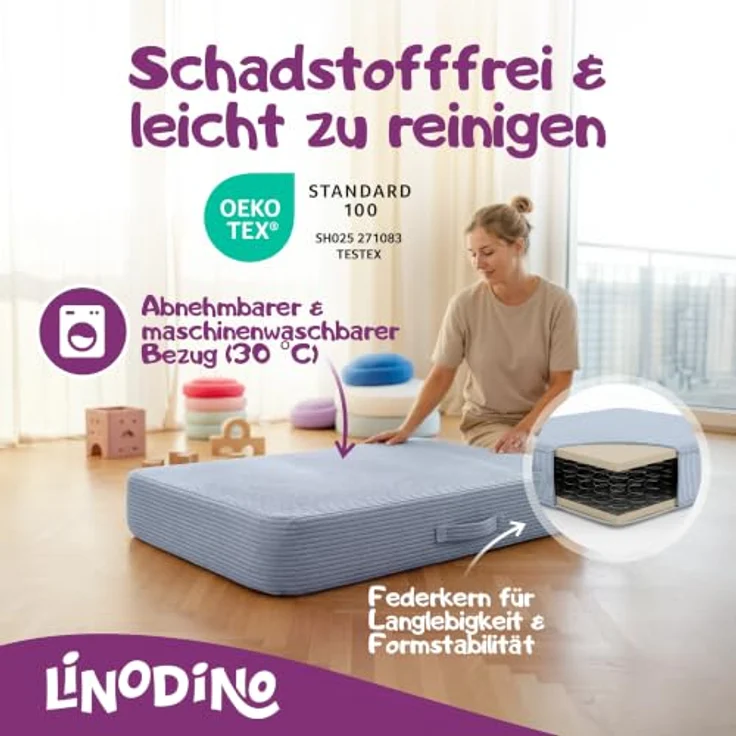Hüpfpolster Einhornblau mit Federkern, rutschfester Unterseite, Tragegriff und abnehmbarem, waschbarem Cord-Bezug – Bild 4