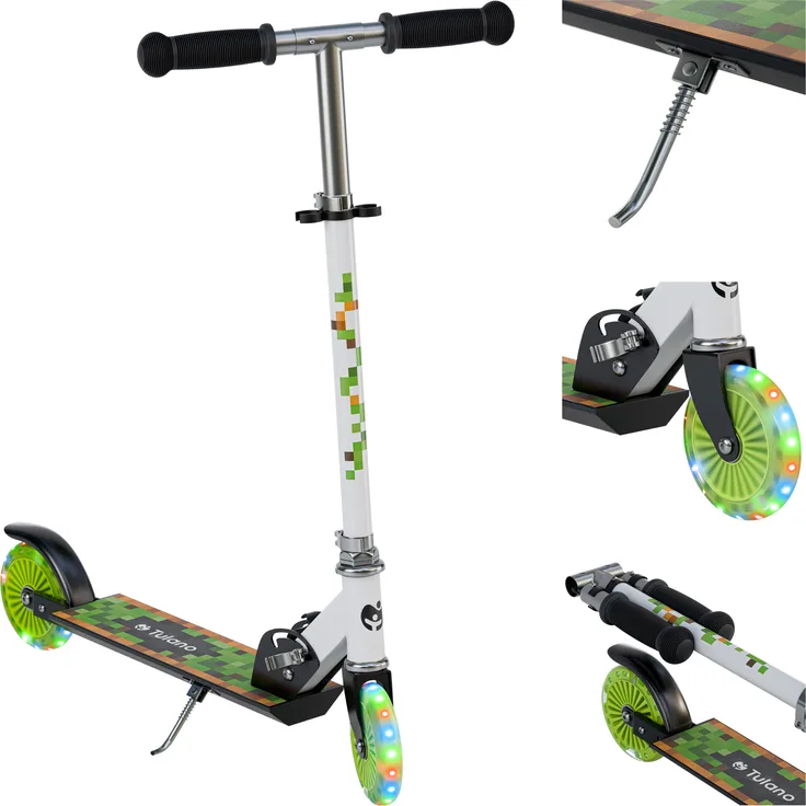 TULANO Zigzag 35, Kinderroller mit klappbarem Design, höhenverstellbarem Lenker und LED-Rädern, grün