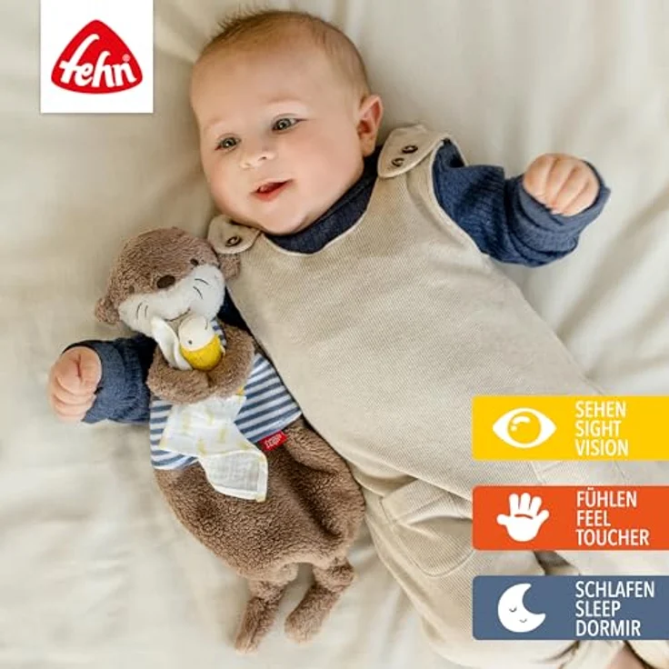 Fehn Schmusetuch Otter – Stofftier-Schnuffeltuch mit Otter-Köpfchen zum Greifen, Fühlen, Knuddeln für Babys, 36 cm, Plüsch, Strick, Musselin, Mehrfarbig – Bild 2