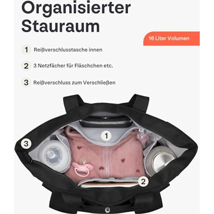 Johnny Urban Blair, Wickelrucksack & Wickeltasche für Kinderwagen, schwarz, 16 Liter Volumen, wasserabweisend, mit vielen Fächern & Flaschenhalter – Bild 5