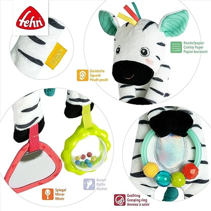 Fehn Greifspielzeug DoBabyDoo, Bean Bag Zebra, Motorikspielzeug mit Rassel, Quietsche und Spiegel für Babys ab 0 Monaten – Bild 3