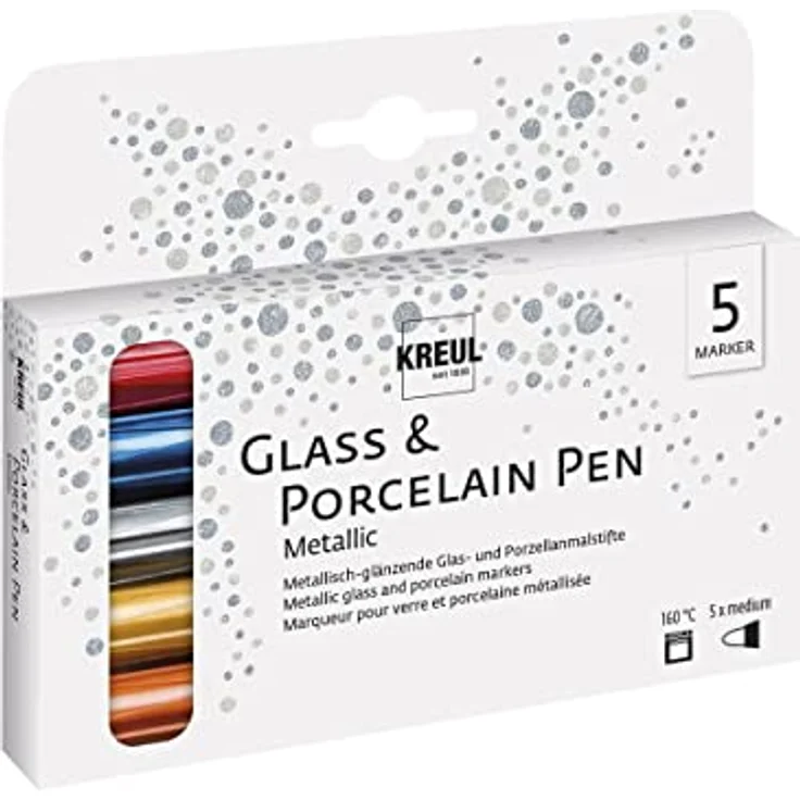 KREUL 16430 - Glass & Porcelain Pen Metallic medium, 5 Stifte in gold, silber, kupfer, blau und rot, mit formstabiler Spitze, Strichstärke ca. 2 - 4 mm, deckende Porzellanmalstifte – Bild 1