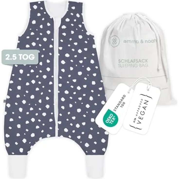 emma & noah Baby Schlafsack mit Füßen 2.5 TOG, Strampelsack für den Herbst und Winter, Bio-Baumwolle, OEKO-TEX Zertifiziert, Kuscheliger Schlafsack für Neugeborere (Punkte Blau, 90 cm)