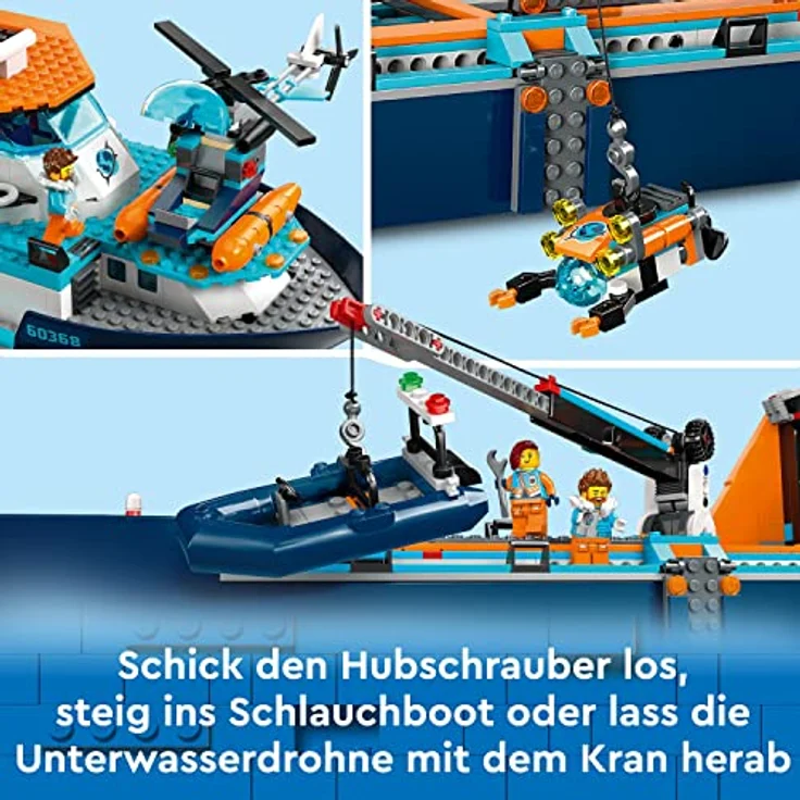 LEGO 60368 City Arktis-Forschungsschiff, großes schwimmfähiges Spielzeug-Boot mit Hubschrauber, Beiboot, ROV-U-Boot, Wikingerschiffswrack, 7 Minifiguren & Orca-Figur, Geschenk für Kinder ab 7 Jahren – Bild 4