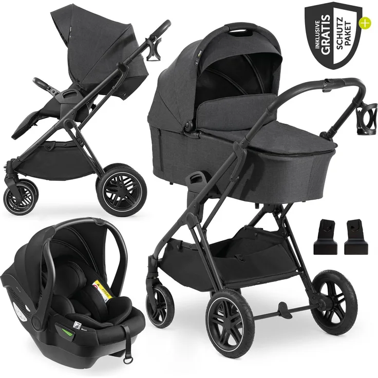 Hauck Vision X 3in1 Kinderwagen-Set, inkl. i-Size Babyschale Drive N Care, Melange Black, mit XXL Zubehörpaket und Gratis Mobilitätsgarantie