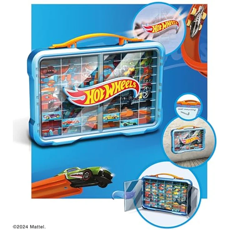 Theo Klein HW - Sammelkoffervitrine für 54 Autos, leuchtendes Hot Wheels Logo, Wandmontage, 2-flügelige transparente Vitrinentür, Tragegriff – Bild 3