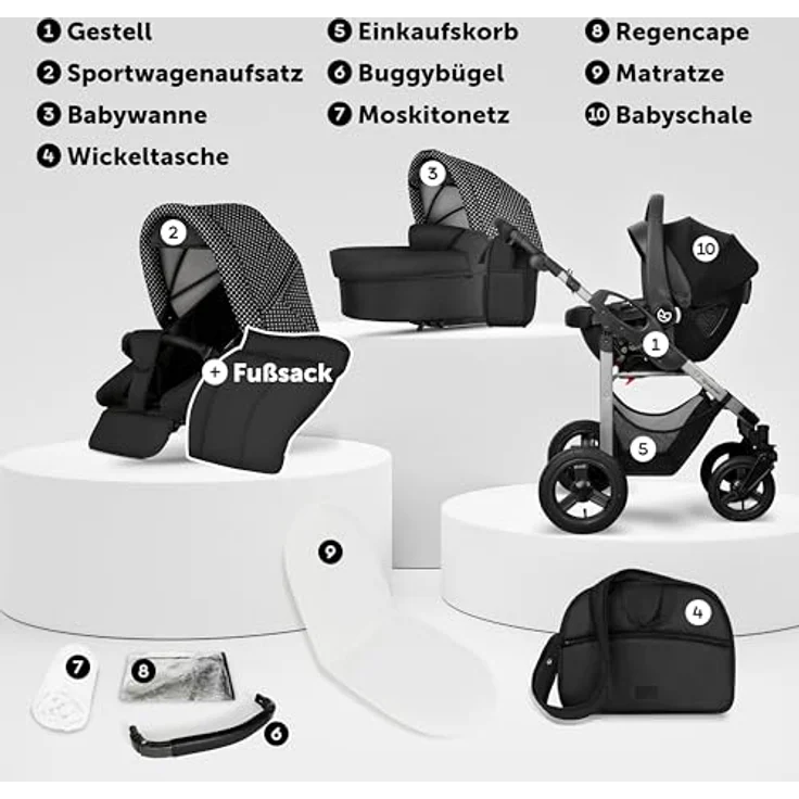 Bergsteiger Capri Kombikinderwagen 3-in-1, Babywanne, Sportsitz & i-Size Babyschale, Luftreifen, Rahmenfederung, höhenverstellbarer Griff, faltbar, Zubehör – Bild 3