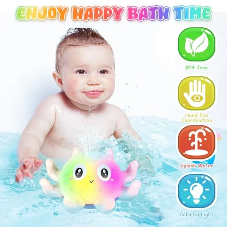 Jiosdo Oktopus Badespielzeug, Wasserspray Spielzeug mit Licht und Auto-Sensing, leuchtendes Badewannenspielzeug für Kinder (Rosa) – Bild 2