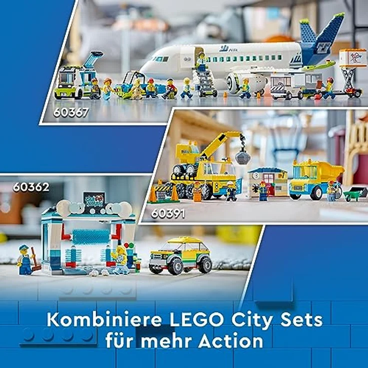 LEGO 60367 City Passagierflugzeug Spielzeug-Set, großes Flugzeug-Modell mit Fahrzeugen des Flughafen-Bodenpersonals: Vorfeldbus, Pushback-Schlepper, Catering-Lader, Gepäckwagen und 9 Minifiguren – Bild 2