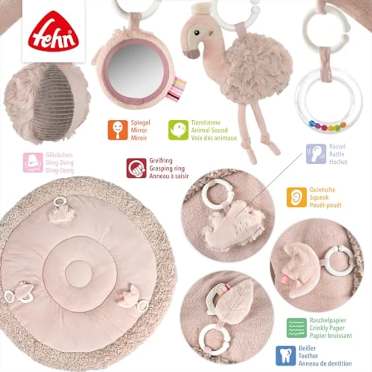 Fehn Spielbogen Flamingo, 3-D-Activity-Decke mit 5 abnehmbaren Spielzeugen zur Förderung von Tastsinn und Motorik, pink – Bild 6