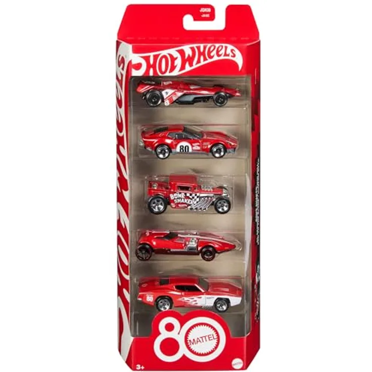 Hot Wheels 80th Anniversary 5-Pack, Spielzeugautos im Maßstab 1:64 mit Bone Shaker und Twin Mill, besondere Jubiläumsverpackung
