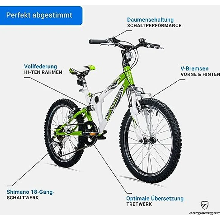 Bergsteiger Montreal 20, 24 Zoll Kinderfahrrad, geeignet für 6,7, 8, 9, 10, 11, 12, 13 Jahre, Shimano 18 Gang-Schaltung, Mountainbike mit Vollfederung, Jungen-Fahrrad, Mädchen-Fahrrad – Bild 5