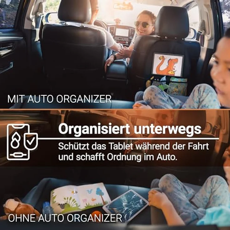 Zamboo Auto Organizer Kinder Rücksitz mit Tabletfach (bis 11") | Universal Rückenlehnenschutz & Aufbewahrung für Spielzeug & Snacks | Schwarz – Bild 3