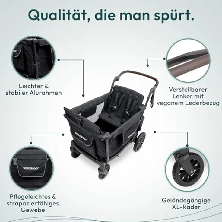 Wonderfold L4 Quad-Kinderwagen, kompakter Bollerwagen für 4 Kinder mit seitlicher Tür, flexiblen Sitzbänken, 360°-Rädern und Klappmechanismus, schwarz – Bild 4