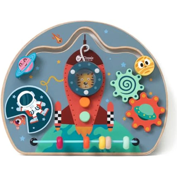 Classic World Wooden Activity Board Rocket, Holzspielzeug mit Maze, Zahnrädern und Perlenspirale, geeignet für Kinder ab 12 Monaten, 29 x 23.5 x 6.4 cm – Bild 4