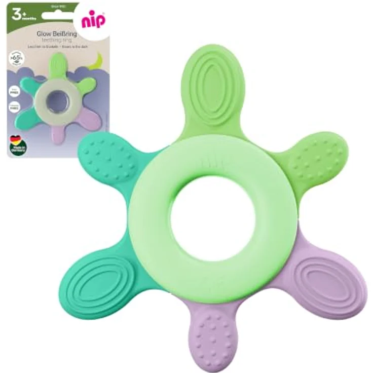 nip Glow Beißring Baby Zahnungshilfe, leuchtend im Dunkeln, ergonomisch, sanfte Massageoberfläche, ab 3 Monate – Bild 1