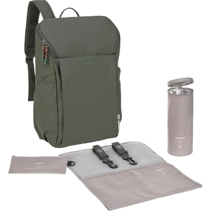 LÄSSIG Baby Wickelrucksack Slender Up Backpack olive mit Wickelunterlage, Kinderwagenbefestigung und Flaschenhalter – Bild 1