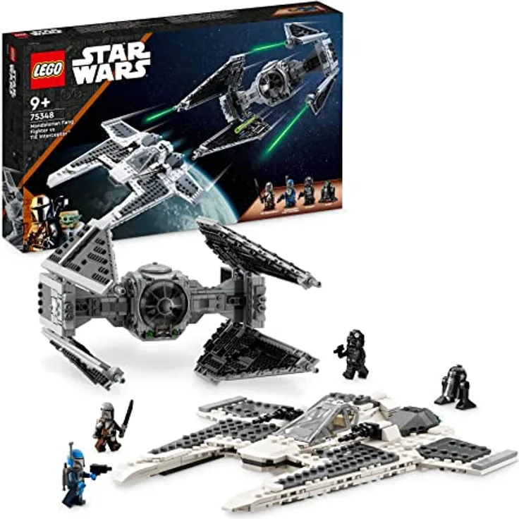 LEGO 75348 Star Wars Mandalorianischer Fang Fighter vs. TIE Interceptor Set, Starfighter Spielzeug zum Bauen für Kinder mit 3 Minifiguren, Droide und Dunkelschwert