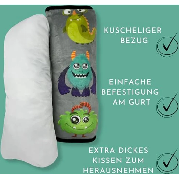 HECKBO Auto Schlafkissen Monster Motiv für Kinder Mädchen Jungen - maschinenwaschbar – kuschelweich - Auto Gurtkissen, Gurtschoner, Gurtschutz Sitzerhöhung, Auto Kissen, Reisekissen, Urlaub – Bild 5