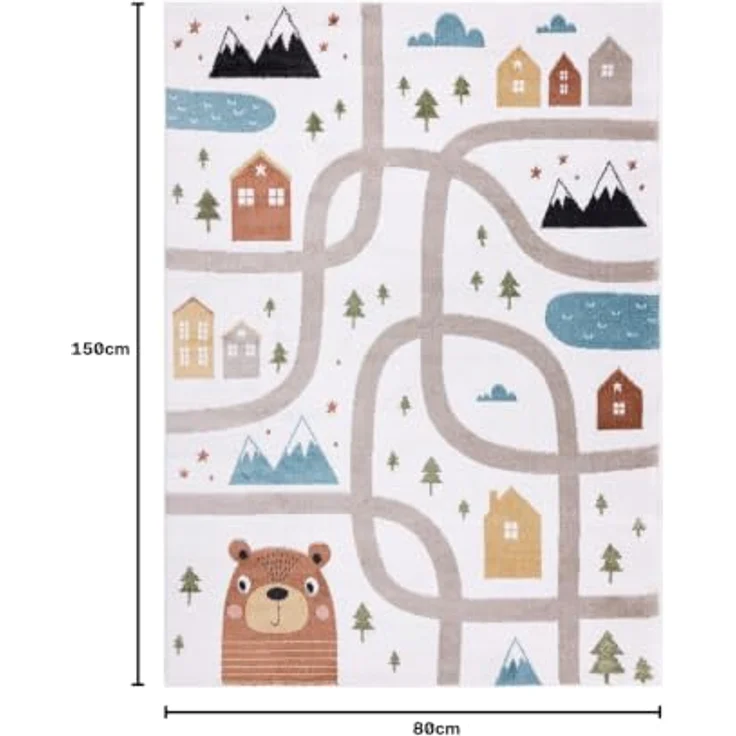 rugsx Fun Polar Kinderteppich „Straßen, Wald”, creme, 80x150 cm, 100% Polypropylen, pflegeleicht, für Fußbodenheizung geeignet – Bild 3