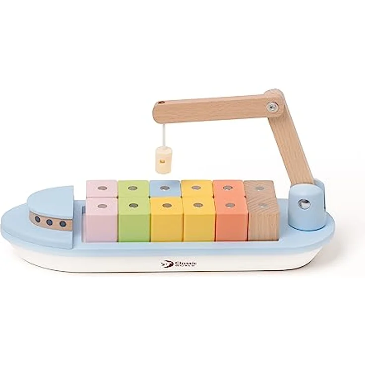 Classic World Magnetspiel Frachtschiff, 13-teiliges Holzspielzeug mit 12 farbigen Blöcken, 28,5x9x15cm, ab 2 Jahre – Bild 2