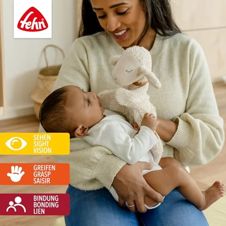 Fehn Handpuppe Schaf NATUR – Spielkamerad, Einschlafhilfe & Stofftier-Schnuffeltuch aus Bio-Baumwolle (kbA), 33 cm, für Babys ab 0+ Monaten – Bild 2