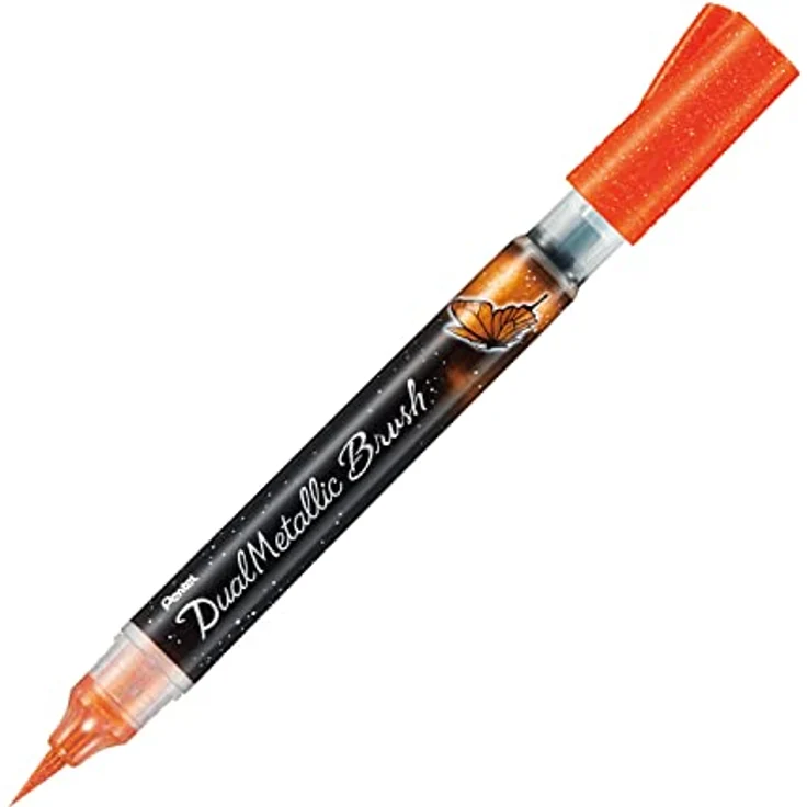 Pentel XGFH-DFX Dual Metallic Brush - Pinselstift gefüllt mit, je nach Papierfarbe, changierender Glitzertinte, Nylonfasern, feiner bis breiter Strich, orange/metallic-gelb, 1 Stück auf Blisterkarte – Bild 2