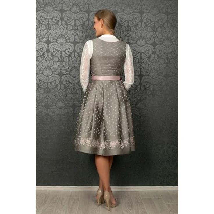 Edelnice Midi Dirndl Claire, Vintage-Charme mit roséfarbenen Knöpfen und altrosa Spitzenschürze, Damen Trachtenkleid, dunkelgrau – Bild 9