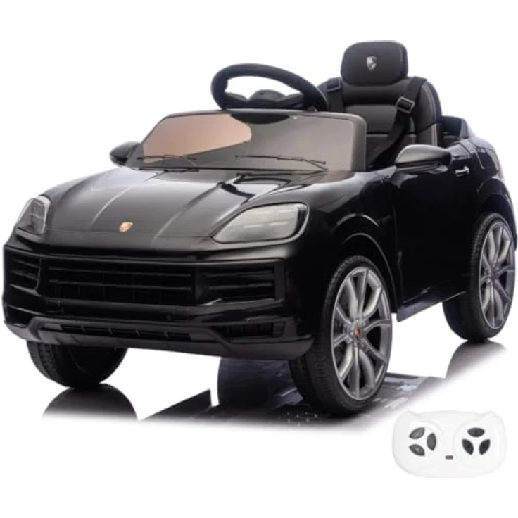 Vrooomy Porsche Cayenne Elektro-Kinderauto 12V, mit Fernbedienung, für Kinder 1-5 Jahre, schwarz, sanfte Beschleunigung, LED-Scheinwerfer, Sicherheitsgurt – Bild 1