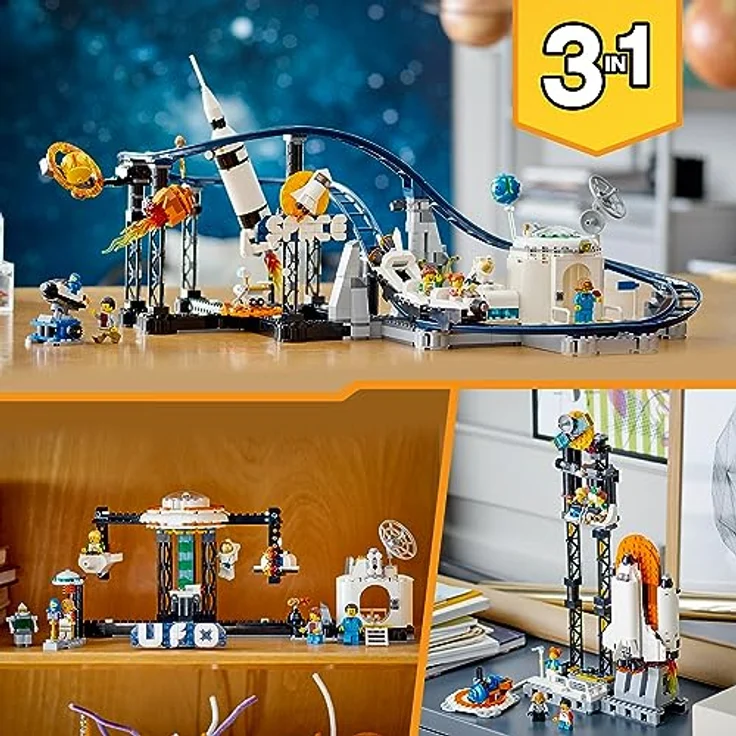 LEGO 31142 Creator 3-in-1 Weltraum-Achterbahn, Bausatz Einer Spielzeug-Kirmes mit funktionierenden Wägen, umbaubar in frei fallenden Fallturm oder Karussell mit Raketen und leuchtenden Steinen – Bild 5