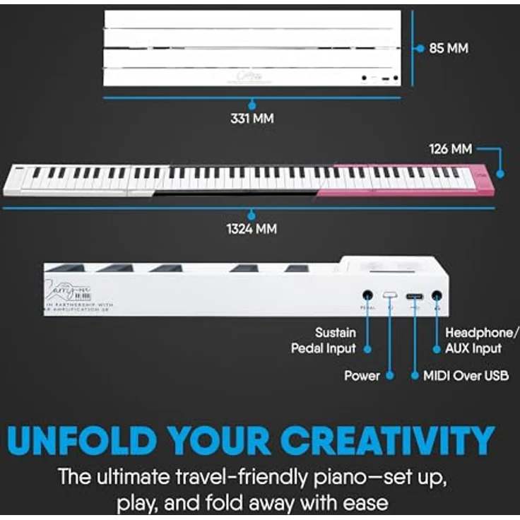 Blackstar Folding Piano 88, tragbares 88-Tasten Keyboard mit 128 Klängen, weiß – Bild 4