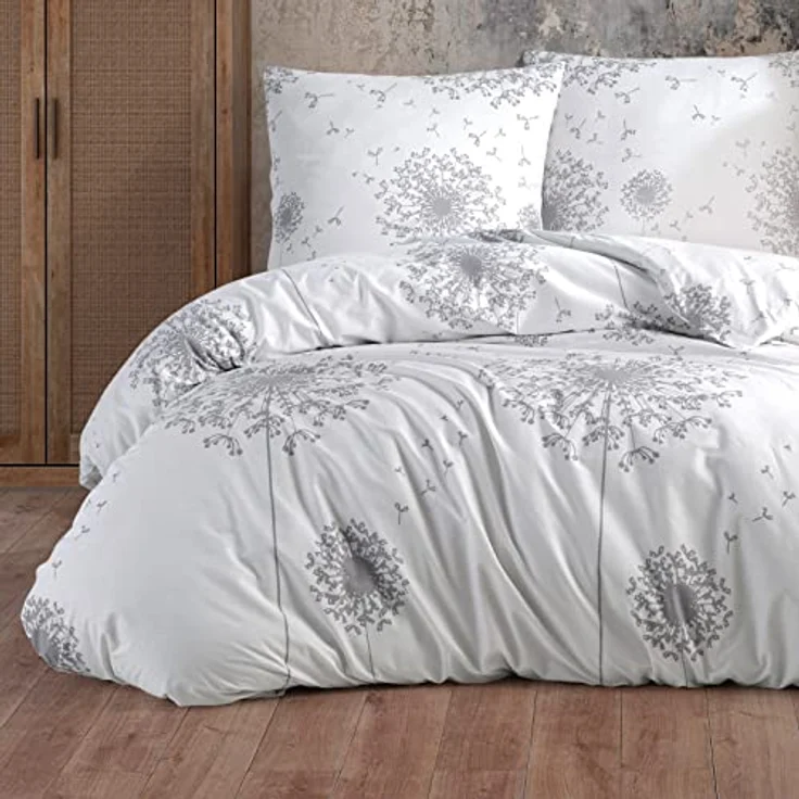 Buymax Bettwäsche 135x200 Baumwolle 2-Teilig Bettgarnitur mit Bettbezug und Kissenbezug 80x80 Renforce Bettwäsche-Set Botanisch Pusteblume Dandelion, Weiß Grau – Bild 1