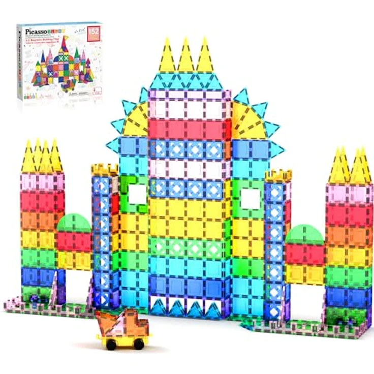 PicassoTiles PT152, 152-teiliges Magnetfliesen-Spiegelthema-Bausteinset, sensorisches Konstruktionsspielzeug mit Auto für STEM-Lernspielset – Bild 1