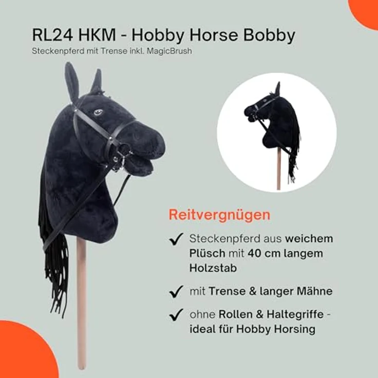 RL24 Hobby Horse Bobby, Steckenpferd mit Trense, Plüsch-Spielpferd mit 40 cm Holzstock, ohne Griffe & Rollen, schwarz, inkl. MagicBrush – Bild 4