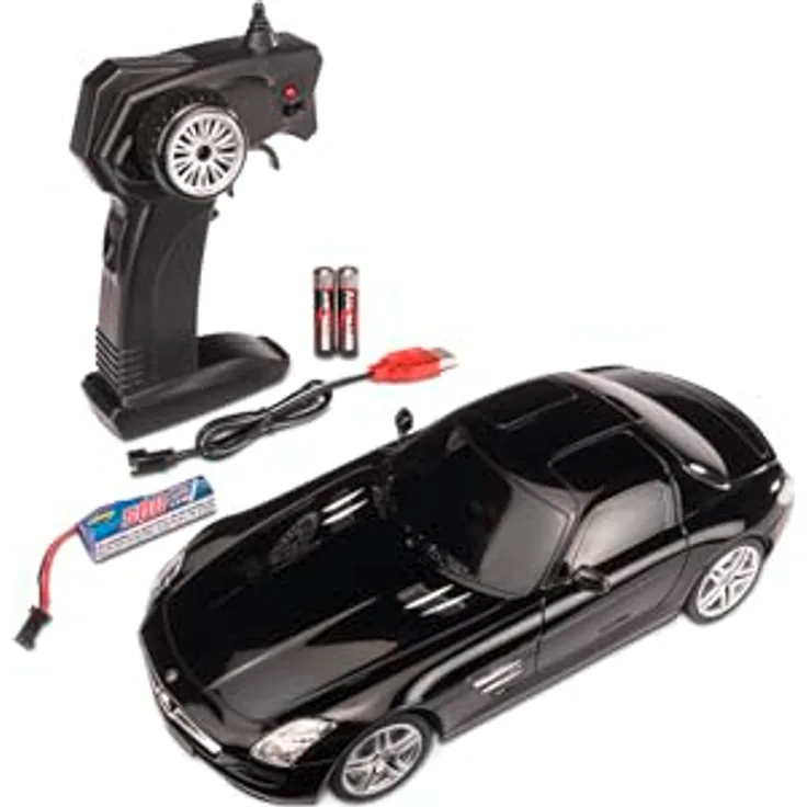 Carson 500404310 Mercedes Benz SLS AMG 1:24, ferngesteuertes Auto mit 2.4G Steuerung, LED-Beleuchtung, 60 Minuten Fahrzeit, schwarz