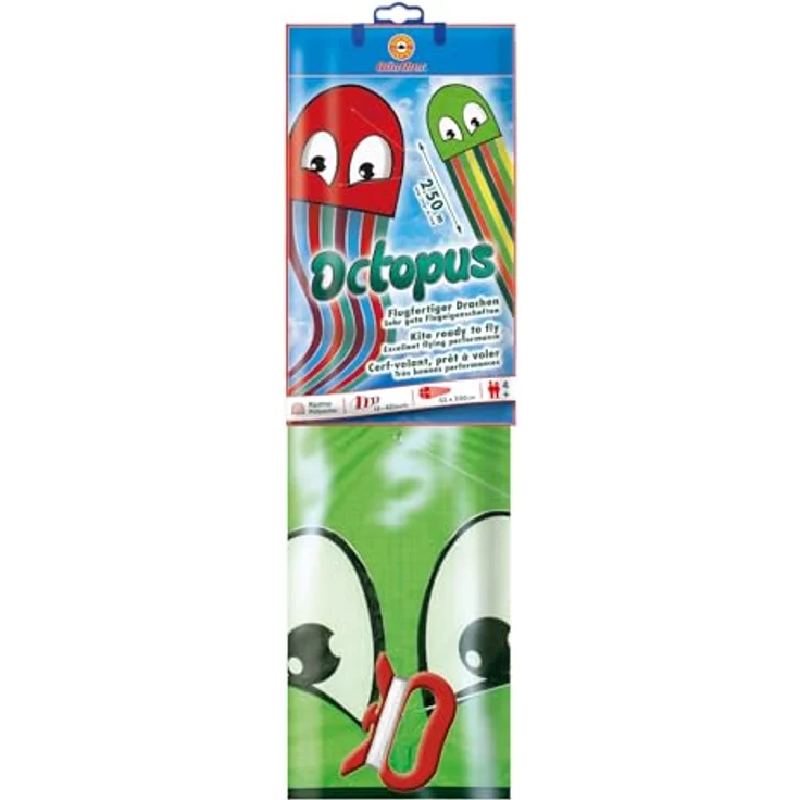 Günther Flugspiele 1163 Einleiner-Drachen Octopus, 250 x 33 cm, robustes Polyester, inkl. Griff & Schnur, für Kinder ab 4 Jahren, in 2 Farben sortiert – Bild 3