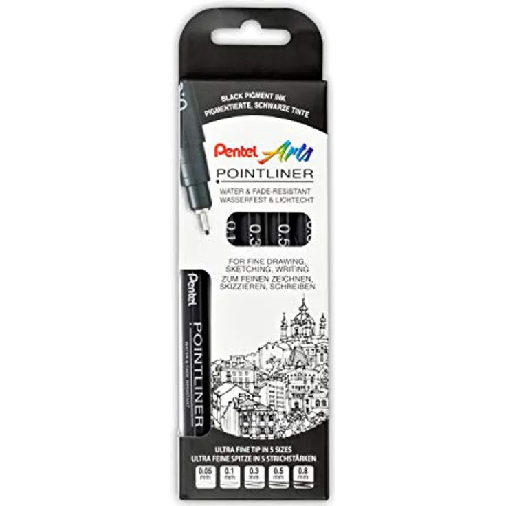 Pentel Pointliner Fineliner-Set schwarz, 5 Spitzenbreiten von 0,05 bis 0,8 mm, wasserfest, ideal zum Zeichnen und Schreiben