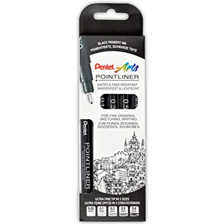 Pentel Pointliner Fineliner-Set schwarz, 5 Spitzenbreiten von 0,05 bis 0,8 mm, wasserfest, ideal zum Zeichnen und Schreiben – Bild 1