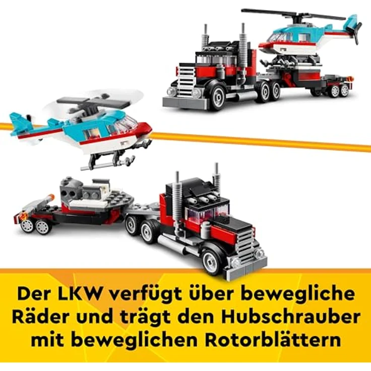 LEGO Creator 3in1 Tieflader mit Hubschrauber, Fahrzeuge-Set mit Helikopter- und LKW-Spielzeug, Flugzeug und Tanklaster, Hot Rod und SUV, Geschenk für 7-jährige Jungs und Mädchen 31146 – Bild 3