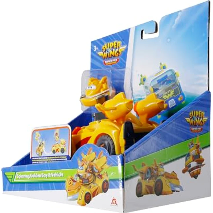 Super Wings Spinning Golden Boy & Vehicle, 14 cm großes Super-Fahrzeug mit 2 Modi, inkl. Mini-Golden Boy Kreisel, für Kinder ab 3 Jahren – Bild 4