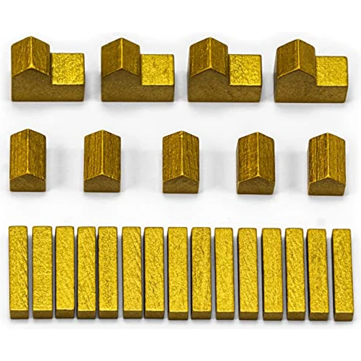 Waldfelsen® Holzfiguren für Die Siedler, 4 Städte, 5 Siedlungen und 15 Straßen, goldfarben – Bild 1
