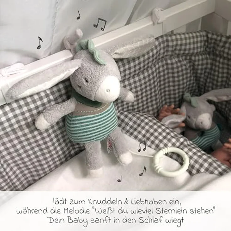 Fehn Spieluhr Esel, Kuscheltier mit Melodie 'Weißt du wieviel Sternlein stehen' - Beruhigende Einschlafhilfe für Babys in praktischer Größe – Bild 5