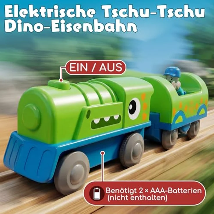 Lehoo Castle Holzeisenbahn, Elektrische Dino-Lok mit interaktiver Pop-up-Tierschiene, Spielzeug ab 3 Jahre – Bild 3