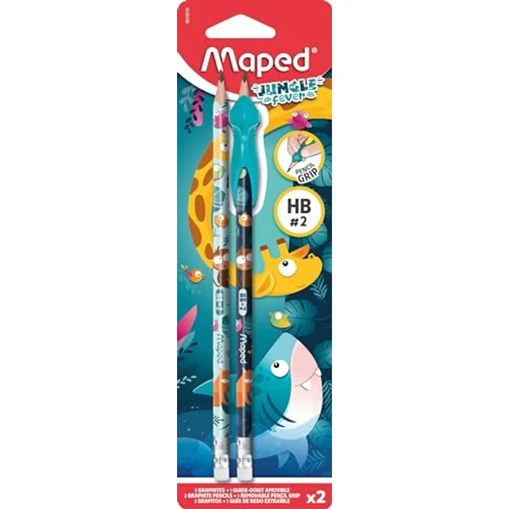 Maped - 2x ergonomische Drei-Kant-Bleistifte JUNGLE FEVER mit Radiergummi - HB mittel + Schreiblernhilfe KIDY LEARN in dekorativer JUNGLE FEVER-Themenoptik – Bild 1